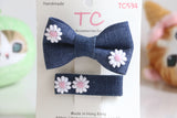 Stylist Denim with Pink Flower Hair Clips Set (TC534)