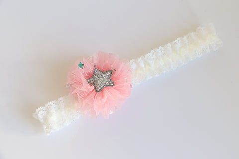 Beautiful Pink Tulle Bow with Glitter Star Baby Headband (BB175)