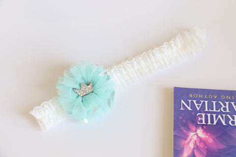 Beautiful Turquoise Tulle Bow with Glitter Crown Baby Headband (BB177)