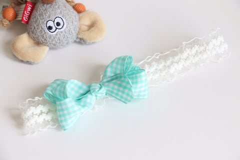 Turquoise Gingham Hair Bow Baby Headband (BB178)